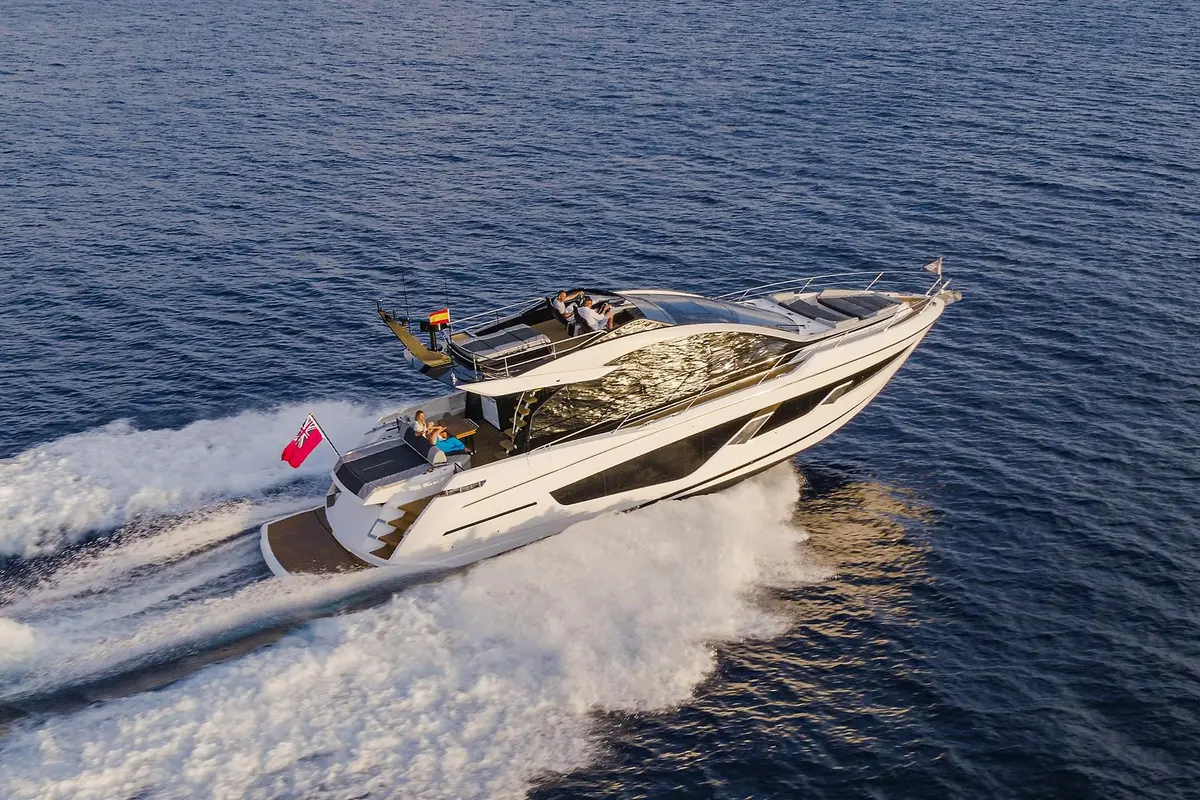 Sunseeker 65 Sport, aft deck — Yacht Charter Saint-Tropez, Saint-Tropez. A fast deck for Cap Taillat afternoons